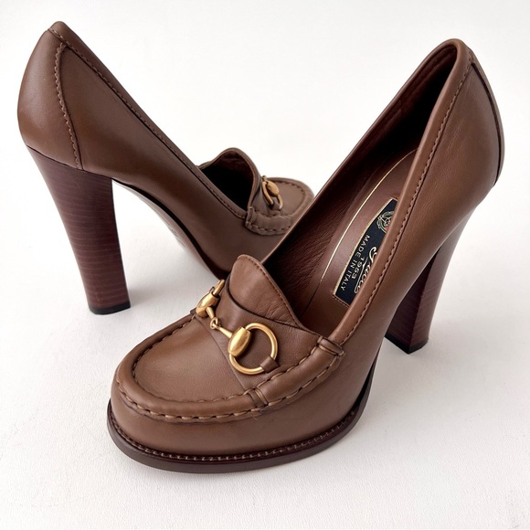 GUCCI | Vintage Alyssa Brown Leather Horsebit Pumps Block Heel Loafers 37.5 - Picture 2 of 16